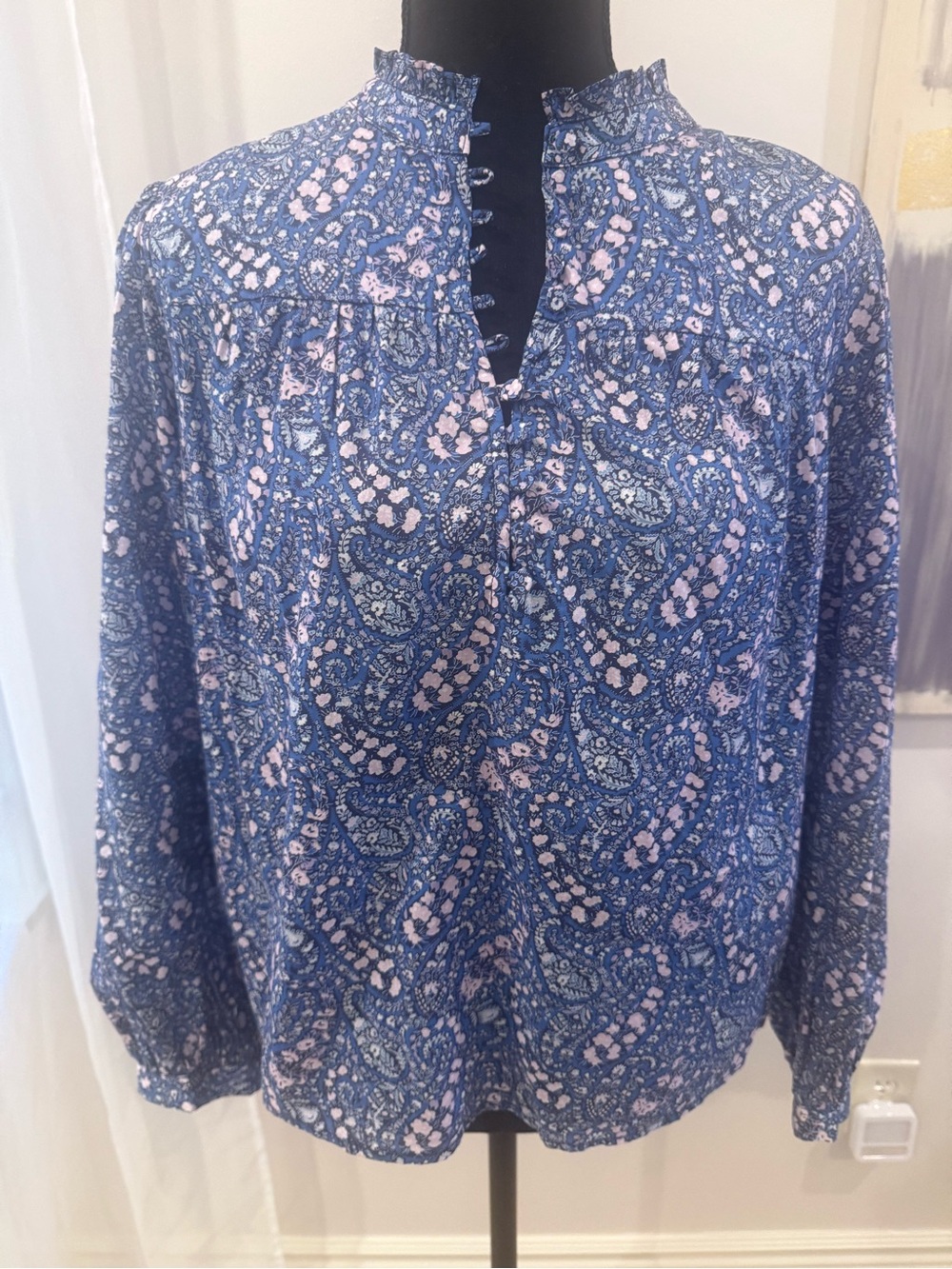 J. Crew Blue Paisley-Print Long Sleeve Shirt with Pink Accents